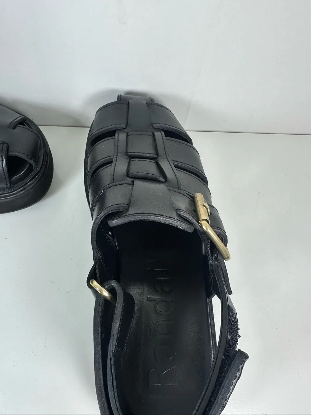Loeffler Randall Black Leather Platform Fisherman Sandals with Gold Buckles - Picture 6 of 10